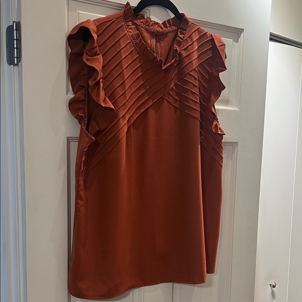 SHEIN Rust Pleated Ruffle Blouse